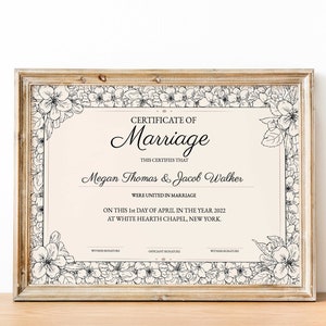 Recuerdo elegante del certificado de matrimonio de boda, certificado de matrimonio decorativo, descarga del certificado de matrimonio imprimible, certificado de boda