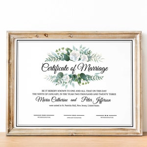 Greenery Heiratsurkunde Vorlage, Benutzerdefinierte Heiratsurkunde Andenken, bearbeitbare Hochzeitsurkunde druckbares Hochzeitsandenken