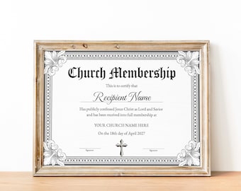 Plantilla de certificado de membresía de la iglesia, certificado de membresía imprimible editable, descarga de plantillas de formulario de iglesia para nuevos miembros