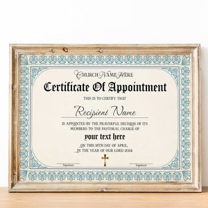 Plantilla de certificado de nombramiento editable, Certificado de nombramiento de obispo pastor imprimible, Certificado de iglesia de nombramiento de pastor ordenado