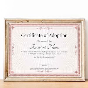 Certificat d&#39;adoption dans notre famille, modèle de certificat d&#39;adoption imprimable modifiable pour beaux-parents, certificat-cadeau pour belle-mère à télécharger
