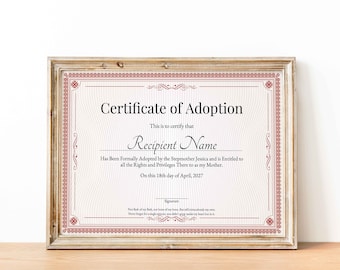 Certificate of Adoption to Our Family, Editable Printable Stepparent ...