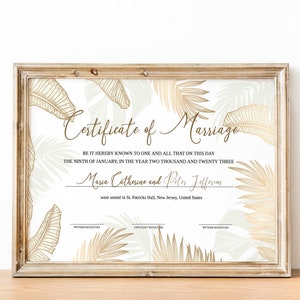 Elegante Hochzeitszertifikat Vorlage, druckbare Heiratsurkunde, bearbeitbare Gold Blumen Heiratsurkunde, Hochzeitsgeschenk Download