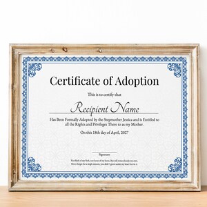 Certificat d&#39;adoption dans notre famille, modèle de certificat d&#39;adoption imprimable modifiable pour beaux-parents, certificat-cadeau pour belle-mère à télécharger