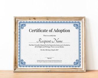 Certyfikat adopcji do naszej rodziny, edytowalny szablon certyfikatu adopcji dla macochy, certyfikat podarunkowy dla macochy do pobrania