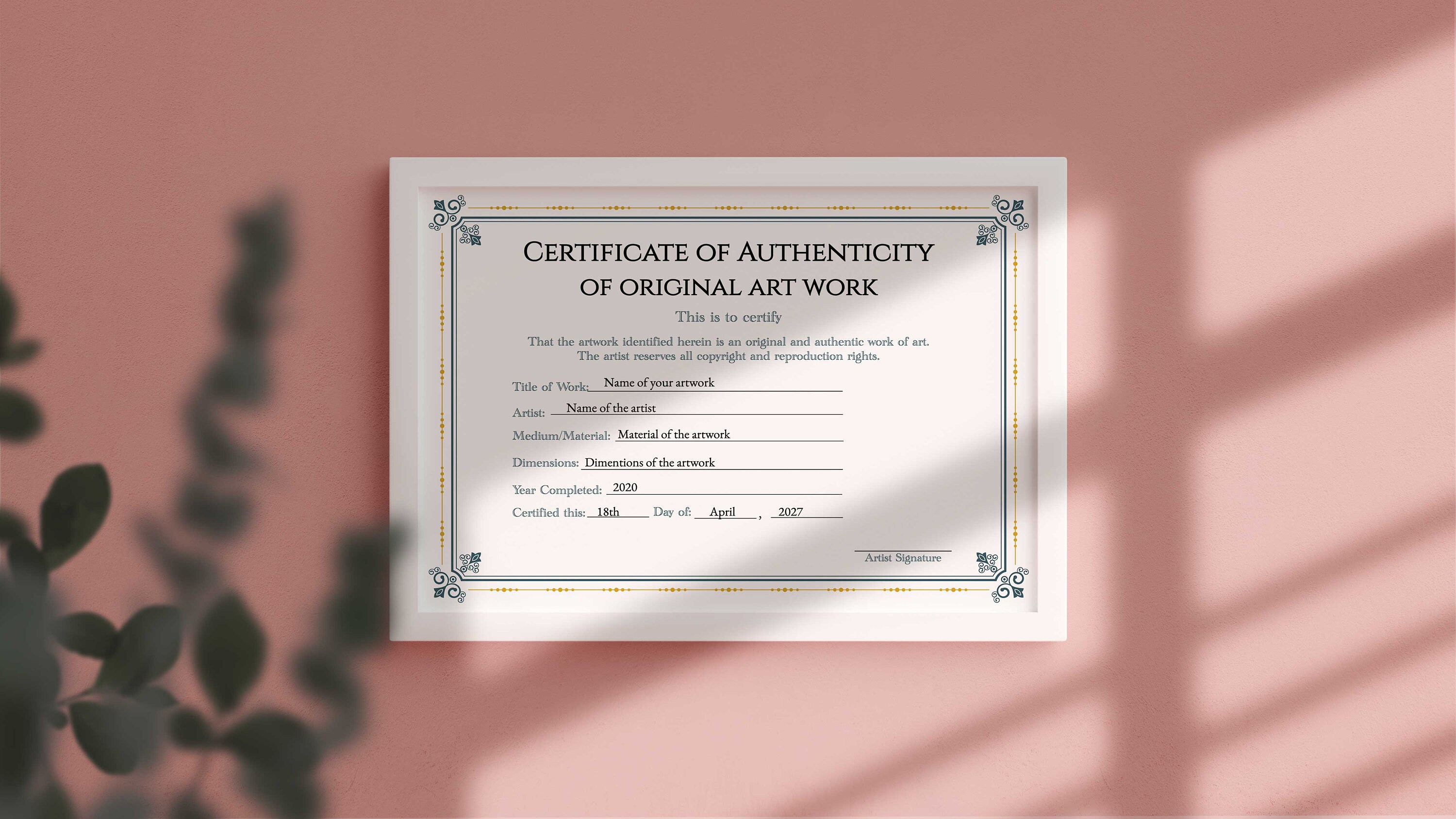 PRINTABLE Certificate of Authenticity for Original Artwork Coa Artist ...
