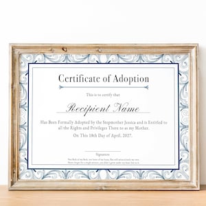 Modèle de certificat d&#39;adoption pour notre famille, certificat d&#39;adoption modifiable belle-mère beau-père, cadeau pour adoption à télécharger