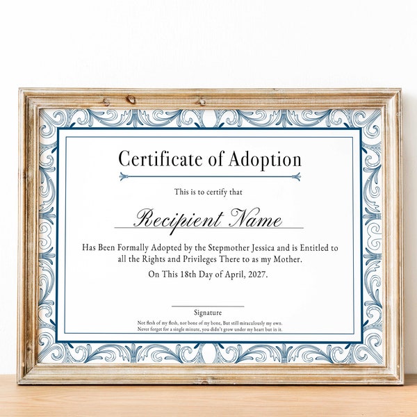 Adoption to Our Family Certificate Template, Editable Stepmother Stepfather Gift Certificate of Adoption, Gift for Adoption Download