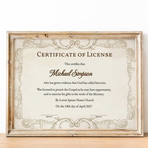 Plantilla de certificado de ordenación, plantilla de certificado del ministerio del evangelio, certificado de ordenación editable, certificado de credencial de ministerio