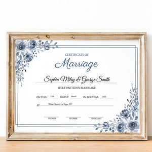 Staubige blaue Hochzeitsurkunde-Vorlage, druckbare Heiratsurkunde, bearbeitbare Heiratsurkunde, individueller Hochzeitsgeschenk-Download