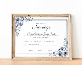 Dusty Blue Wedding Certificate Template, Printable Certificate of Marriage, Editable Marriage Certificate, Custom Wedding Gift Download