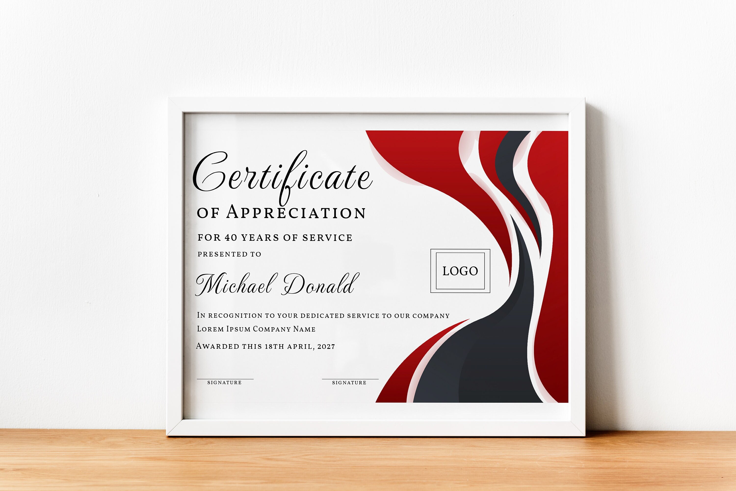 Years of Service Certificate of Appreciation Template, Editable