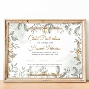 Plantilla de certificado de dedicación de bebé, bautismo, bautizo de bebé, vegetación dorada moderna, plantillas de iglesia imprimibles editables Descargar