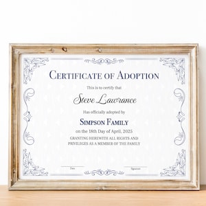 Certificat d&#39;adoption pour notre famille, modèle de certificat d&#39;adoption imprimable modifiable, certificat-cadeau pour belle-mère élégante, téléchargement