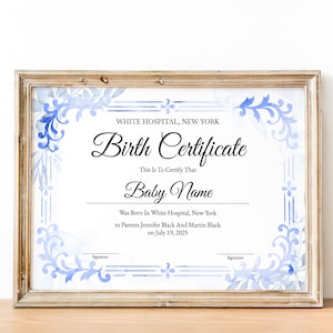 Sjabloon voor geboorteakte, afdrukbare geboorteakte, babycadeaubon, moederschap, ziekenhuisgeboorteakte, pasgeboren certificaat