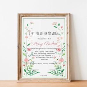 Linda plantilla de certificado de nombramiento de bebé Certificado imprimible editable de ceremonia de nombramiento Certificado del día de nombramiento Marco floral Descargar