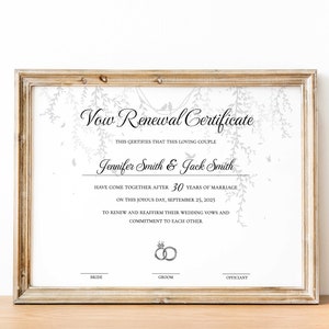 Certificado de renovación de votos, plantilla de certificado de boda imprimible editable, regalo de renovación de votos, certificado de renovación de votos de matrimonio, imprimible