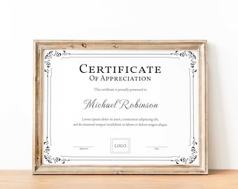 Editable Certificate of Appreciation, Custom Award Certificate Template, Elegant Editable Template, Appreciation Award Certificate Template