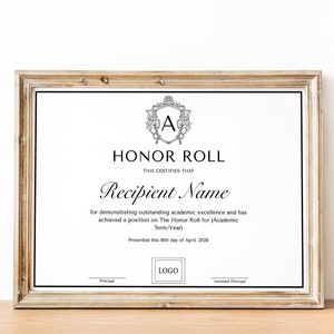 Editable Honor Roll Certificate Template, Elementary School Student Award Certificate of Honor, School Achievement Digital Download