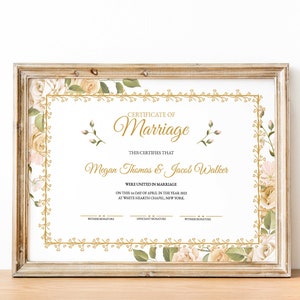 Plantilla de certificado de matrimonio floral, recuerdo de boda imprimible editable, certificado de matrimonio de descarga instantánea, personalizado