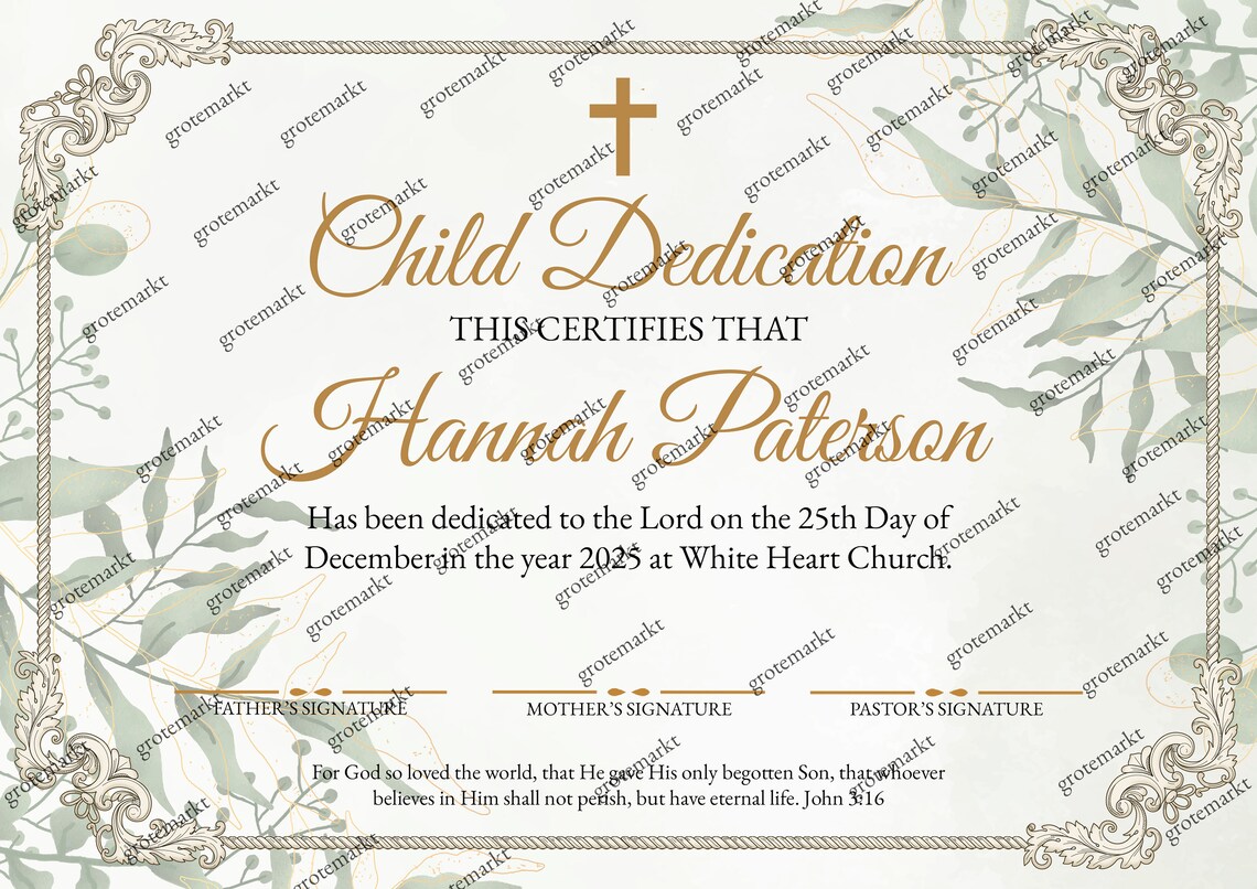 Child Dedication Lettering Child Dedication Certificate, Editable Greenery Baby Dedication ...