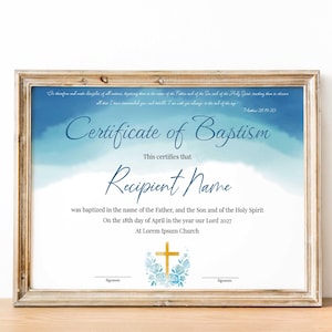 Plantilla de certificado de bautismo editable, certificado de bautismo minimalista imprimible, certificado moderno de fondo de agua Descarga instantánea