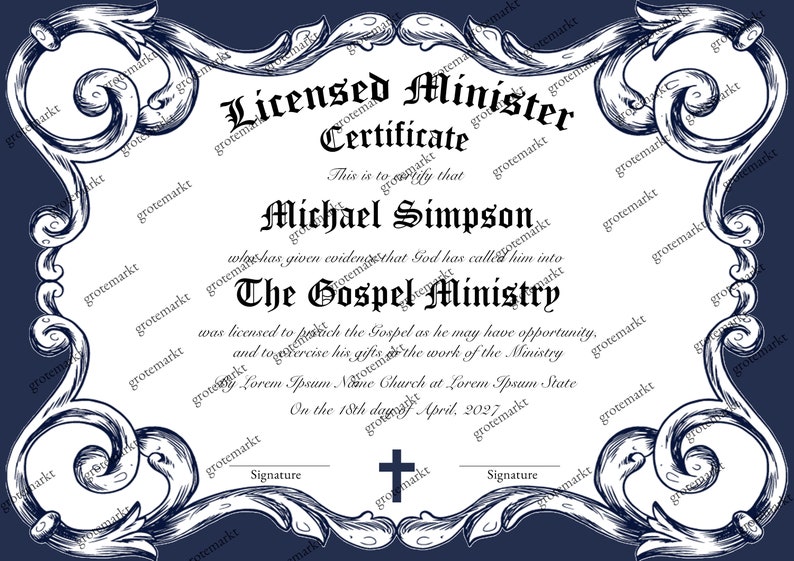 Editable Licensed Minister Certificate Template. Printable Etsy