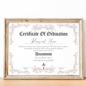 Plantilla de certificado de ordenación de diaconisa, certificado de ordenación para diácono, certificado de ministerio editable Ministro ordenado