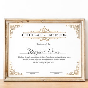 Certificat d&#39;adoption dans notre famille, modèle de certificat d&#39;adoption de beau-parent imprimable modifiable, certificat-cadeau de belle-mère pour adoption
