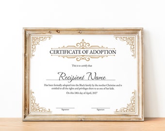 Certyfikat adopcji do naszej rodziny, edytowalny szablon certyfikatu adopcji dla macochy i ojczyma, certyfikat podarunkowy dla macochy i ojczyma na adopcję