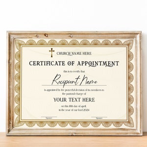 Editable Appointment Certificate Template, Printable Bishop Pastor Appointed Certificate, Ordained Pastor Appointment Church Certificate