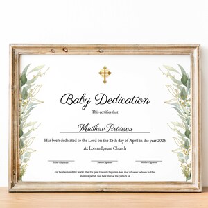 Plantilla de certificado de dedicación de bebé, bautismo, bautizo de bebé, plantillas de iglesia imprimibles editables, vegetación dorada moderna, descarga instantánea