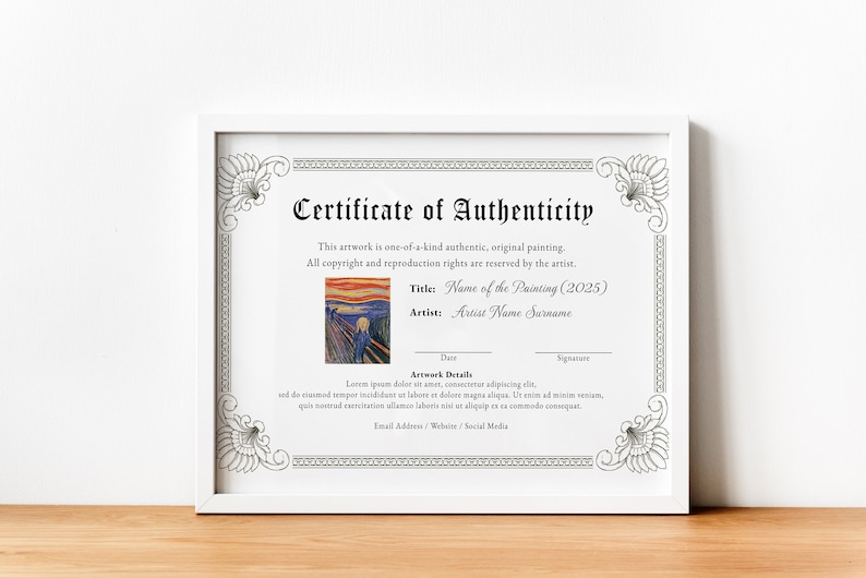 Echtheitszertifikat für Kunstwerk bearbeitbare - Etsy.de