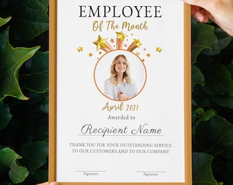 Certificado personalizado de empleado del mes, certificado editable de empleado del mes, mejor trabajador de oficina, premio de agradecimiento al empleado