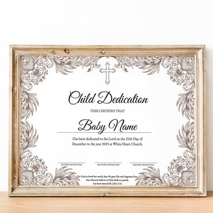 Plantilla personalizada de certificado de dedicación infantil, bautismo, bautizo de niños, bautismo de oro moderno, plantilla de iglesia imprimible editable
