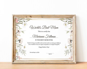 Editable Best Mom Certificate Template, Mother's Day Certificate Best Mom Award Greenery Flower Gift for Mothers Day Digital Download