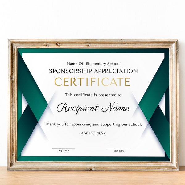 Appreciation Certificate Template, Certificate for School Sponsorship, EDITABLE Certificate of Appreciation for Sponsorship, Gift Certificat