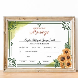Heiratsurkunde-Vorlage, Greenery-Hochzeitsurkunde, bearbeitbares Hochzeitsgelübde-Andenken, Sonnenblumen-Hochzeitsgeschenkgutschein