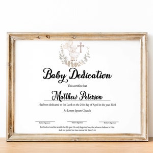 Plantilla de certificado de dedicación de bebé Editable Dedicación de niño Bautizo de bebé Certificado de regalo de bautismo de cordero imprimible Descargar