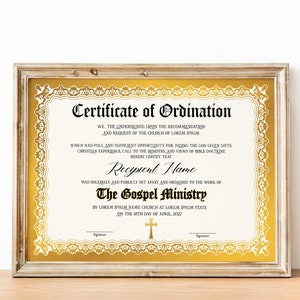 Modèle de certificat d&#39;ordination, modèle de certificat de ministère de l&#39;Évangile, certificat d&#39;ordination modifiable, certificat d&#39;église imprimable