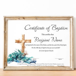 Certificado de bautismo editable, Certificado de bautismo minimalista imprimible, Fondo de agua Certificado de bautismo católico moderno Descargar