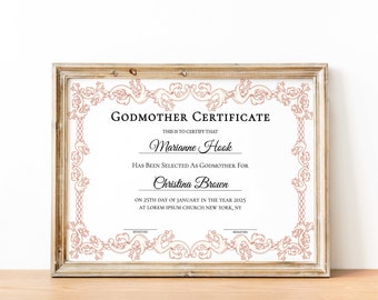 Editable Godmother Certificate Template, Printable Baptism Certificate, Printable Pink Modern Godmother Certificate, Digital Download Church