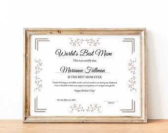 Editable Best Mom Certificate Template, Mother's Day Certificate, Best Mom Award, Simple Elegant Gift Certificate for Mothers Day Digital
