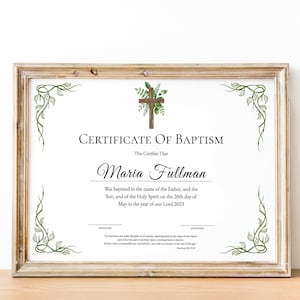 Plantilla editable de certificado de bautismo de vegetación, certificado personalizado de bautismo imprimible, certificado de bautizo, regalo de bautismo de bebé, iglesia