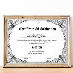 Diaken wijding certificaatsjabloon, afdrukbaar certificaat van wijding, bewerkbaar gewijd ministercertificaat, kerkcertificaat