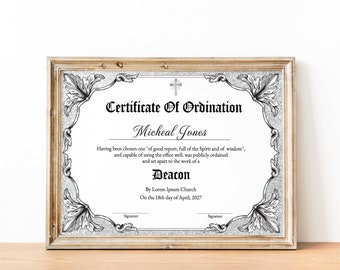 Deacon Ordination Certificate Template, Printable Certificate of Ordination, Editable Ordained Minister Certificate, Church Certificate