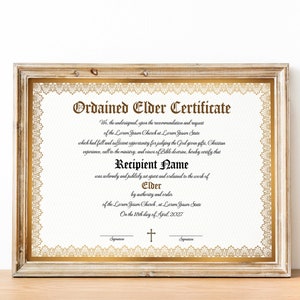 Plantilla de certificado de anciano ordenado editable, certificado de ordenación de lujo vintage imprimible, plantilla elegante de certificado de anciano de la iglesia