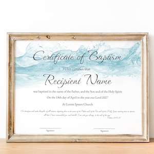 Plantilla de certificado de bautismo editable, certificado de bautismo minimalista imprimible, certificado moderno con fondo de agua, descarga instantánea