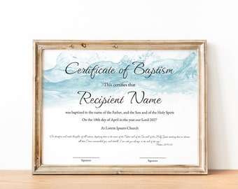 May include: A blue and white certificate of baptism with a water-like design. The text reads "Certificate of Baptism", "This certifies that", "Recipient Name", "was baptized in the name of the Father, and the Son and of the Holy Spirit", "On the 18th day of April in the year our Lord 2027", "At Lorem Ipsum Church", and "Signature".