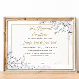 Gelübde-Erneuerungsurkunde, bearbeitbare druckbare Vorlage für eine Hochzeitsurkunde, Heiratsverpflichtungsurkunde, Andenken an den Hochzeitstag